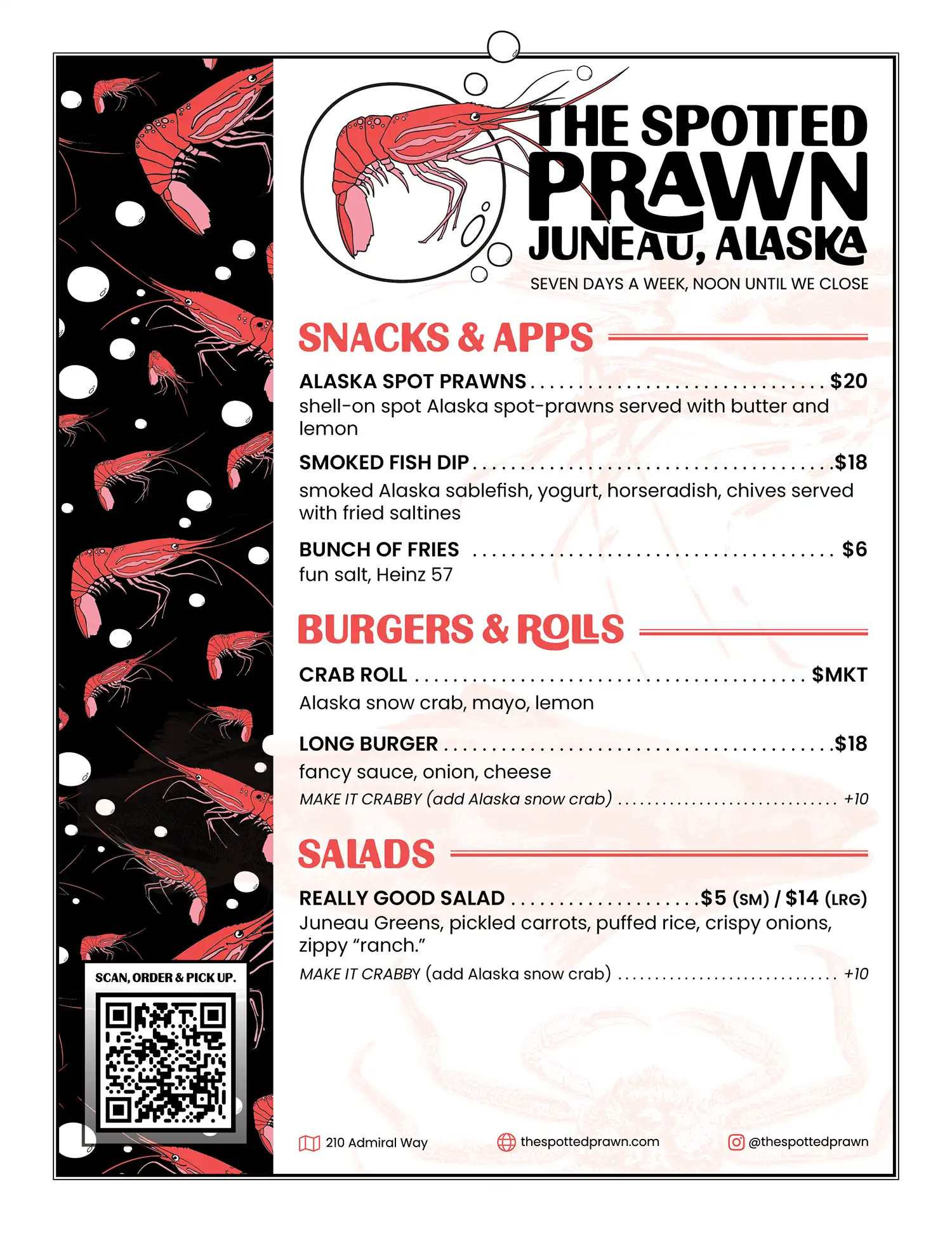 The Spotted Prawn print menu with QR code for online ordering