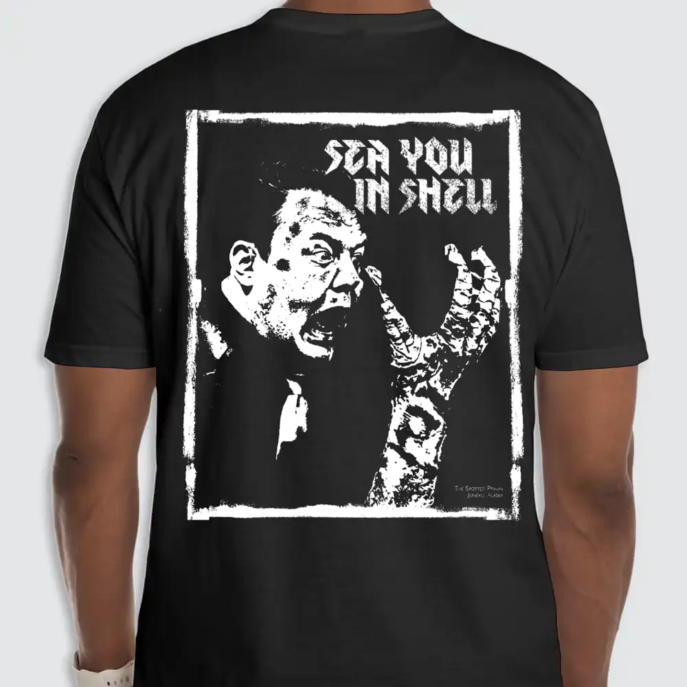 Back of The Spotted Prawn t-shirt with Sea You In Shell graphic