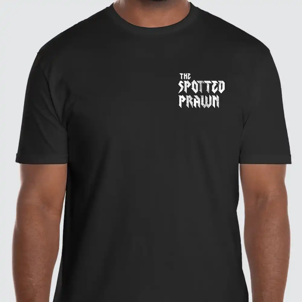 Front of The Spotted Prawn t-shirt with Sea You In Shell text