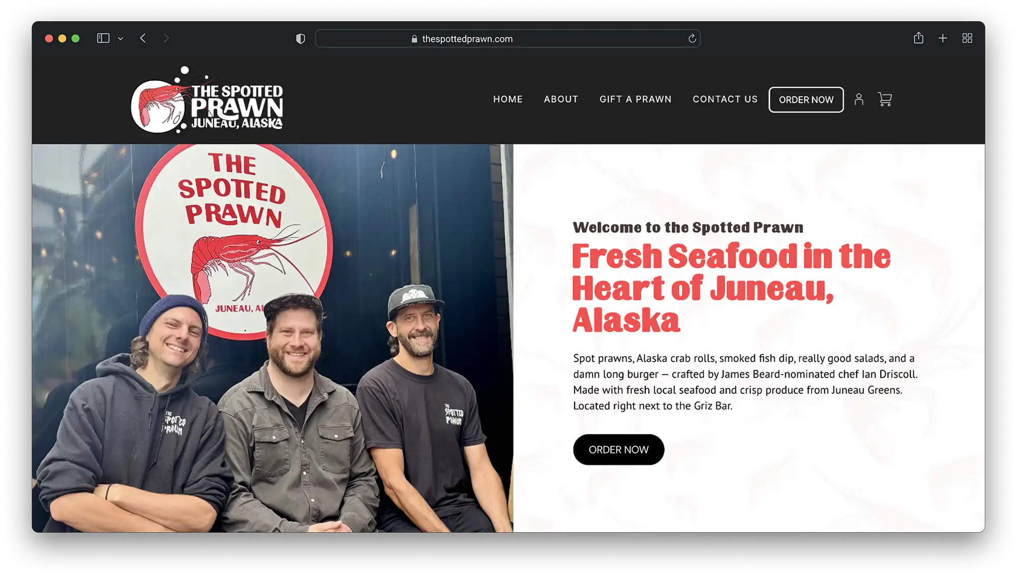 The Spotted Prawn website home page on desktop