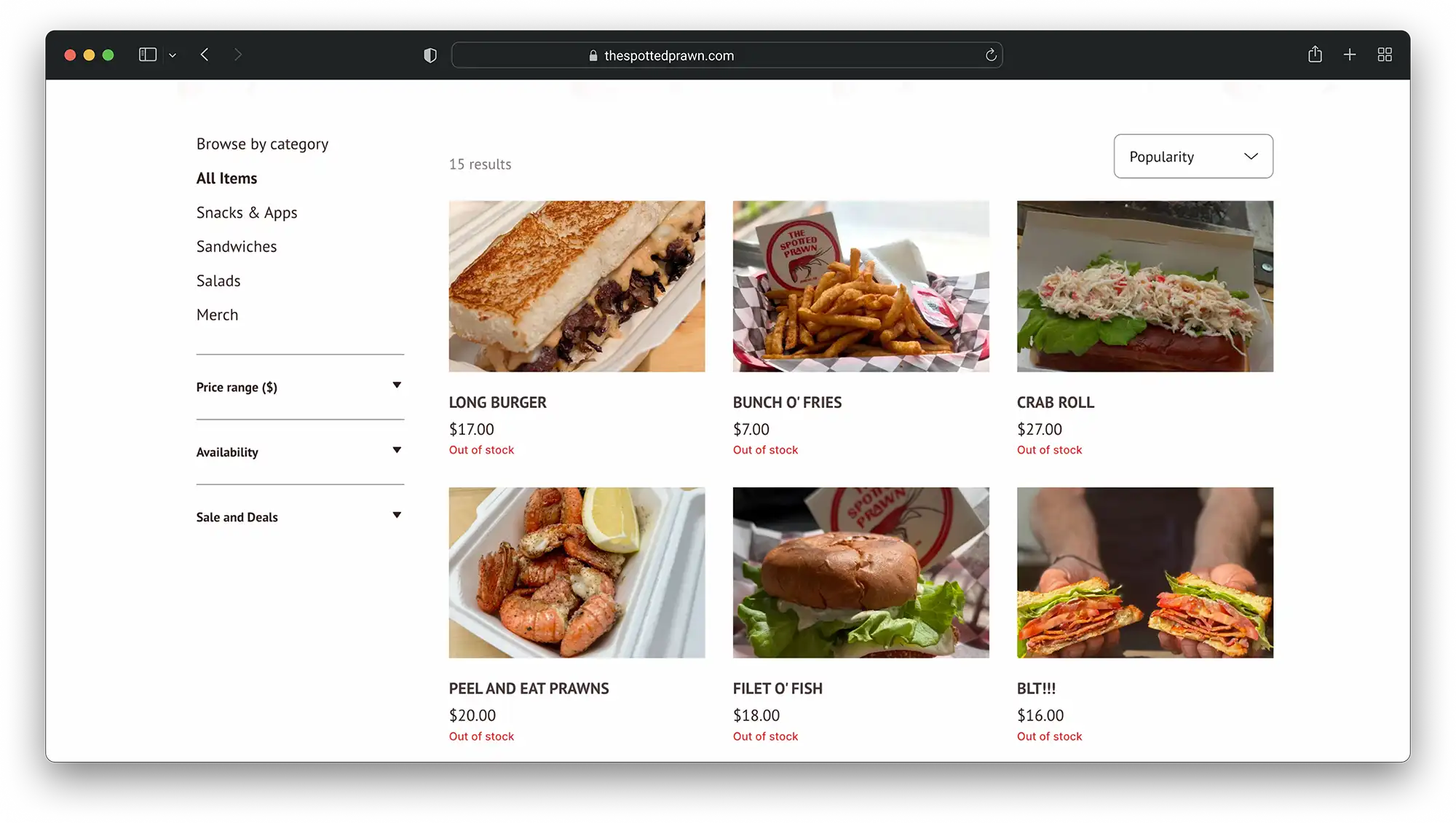 The Spotted Prawn website menu on desktop